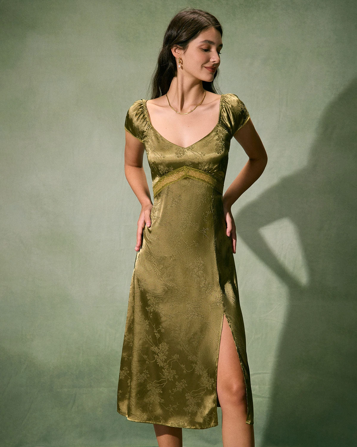 The Green Satin Jacquard Side Split Midi Dress 3 The Green Satin Jacquard Side Split Midi Dress - Image 3