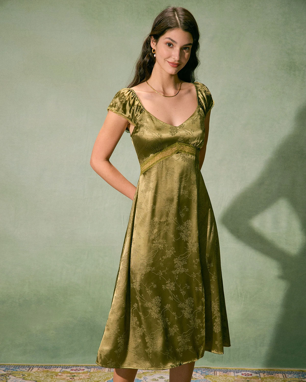 The Green Satin Jacquard Side Split Midi Dress 1 The Green Satin Jacquard Side Split Midi Dress