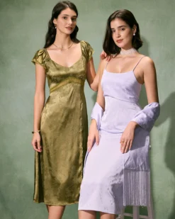The Green Satin Jacquard Side Split Midi Dress 14 The Green Satin Jacquard Side Split Midi Dress -Deals Dress N Swimwear Store 0327RIHOAS 1547