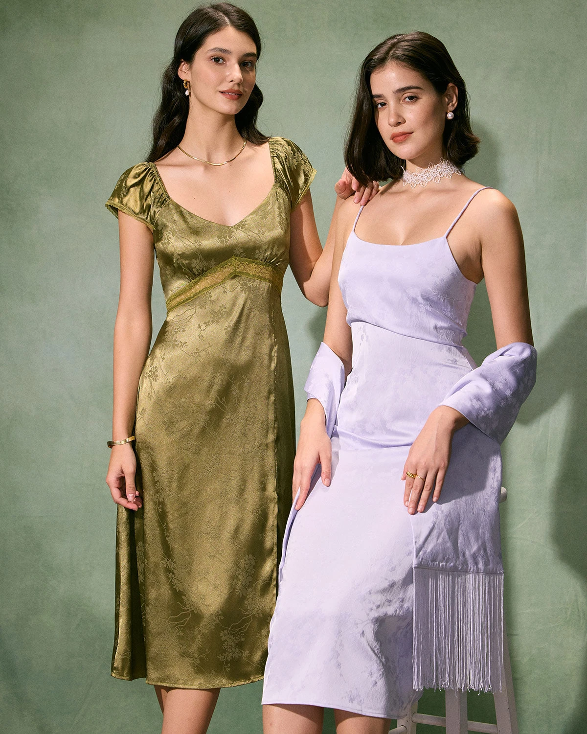 The Green Satin Jacquard Side Split Midi Dress 6 The Green Satin Jacquard Side Split Midi Dress - Image 6