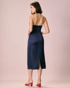 The Navy Cut-Out Satin Halter Midi Dress -Deals Dress N Swimwear Store 0327RIHOAS 2235