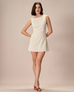The Beige Boat Neck Textured Mini Dress -Deals Dress N Swimwear Store 0327RIHOAS 2243