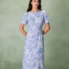 The Blue Round Neck Floral Midi Dress