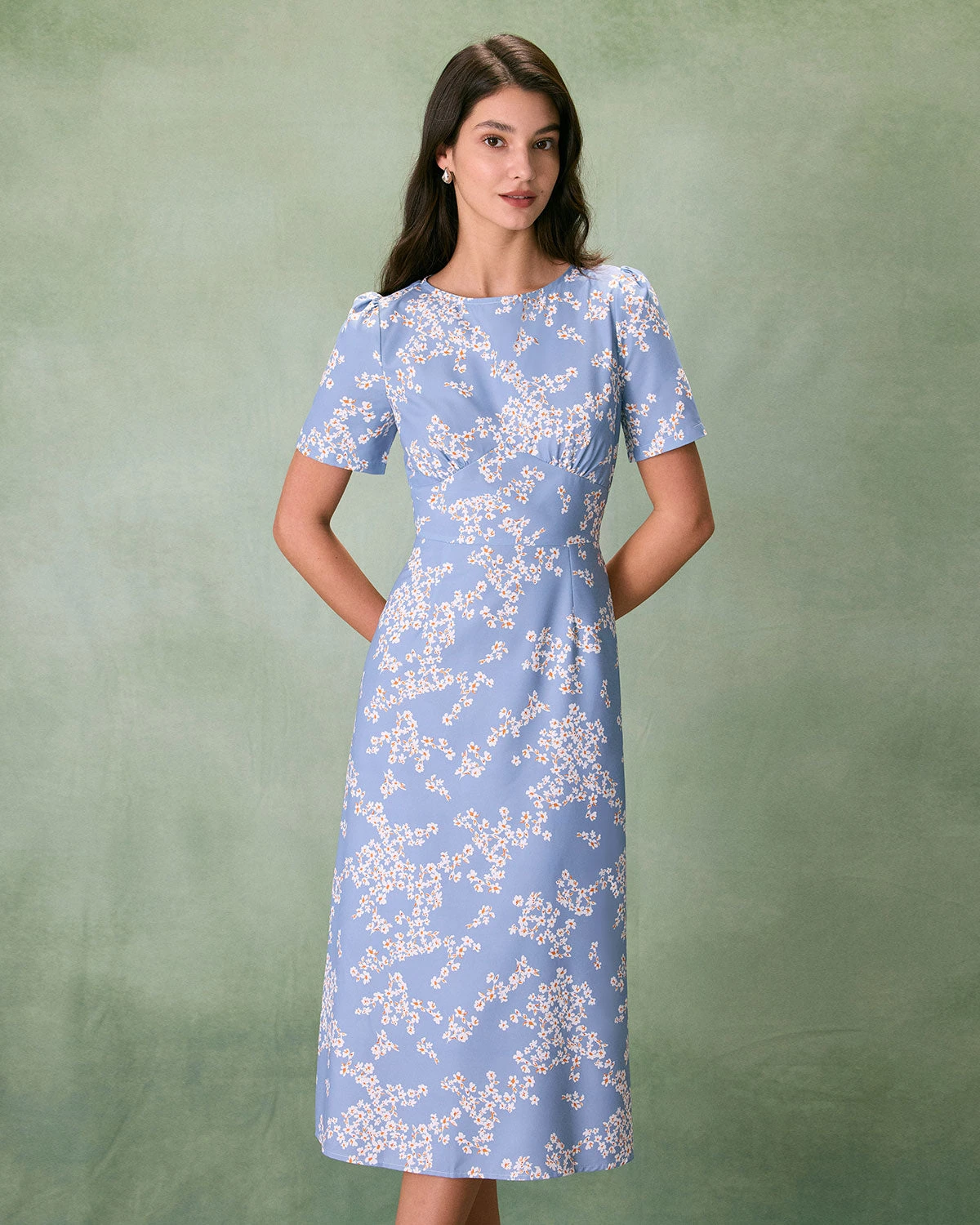 The Blue Round Neck Floral Midi Dress 1 The Blue Round Neck Floral Midi Dress