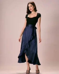 The Navy Drawstring Ruffle Satin Midi Skirt -Deals Dress N Swimwear Store 0327RIHOAS 2419