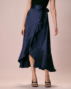 The Navy Drawstring Ruffle Satin Midi Skirt