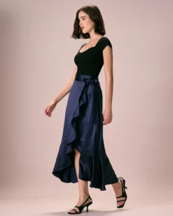 The Navy Drawstring Ruffle Satin Midi Skirt -Deals Dress N Swimwear Store 0327RIHOAS 2440