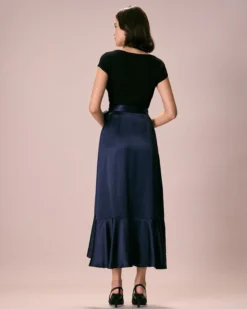 The Navy Drawstring Ruffle Satin Midi Skirt -Deals Dress N Swimwear Store 0327RIHOAS 2441