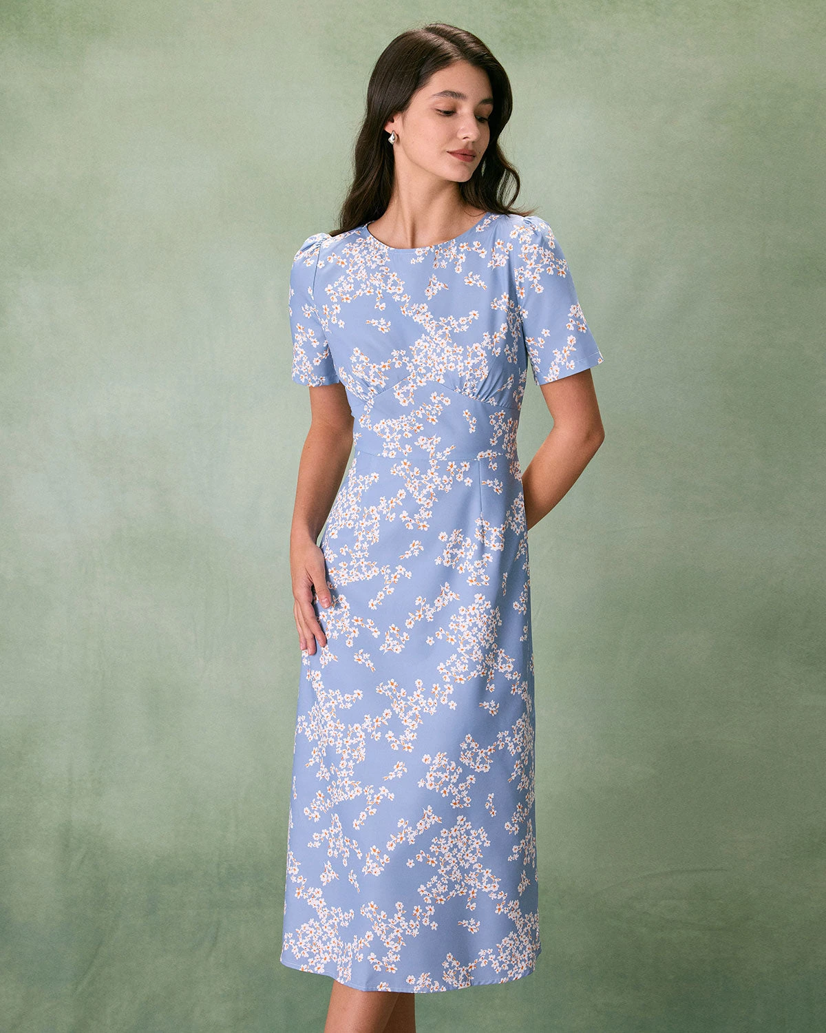 The Blue Round Neck Floral Midi Dress 3 The Blue Round Neck Floral Midi Dress - Image 3