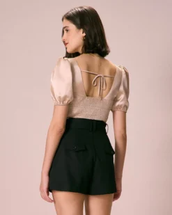 The Apricot Square Neck Ruched Puff Sleeve Satin Blouse 7 The Apricot Square Neck Ruched Puff Sleeve Satin Blouse -Deals Dress N Swimwear Store 0327RIHOAS 2519 3