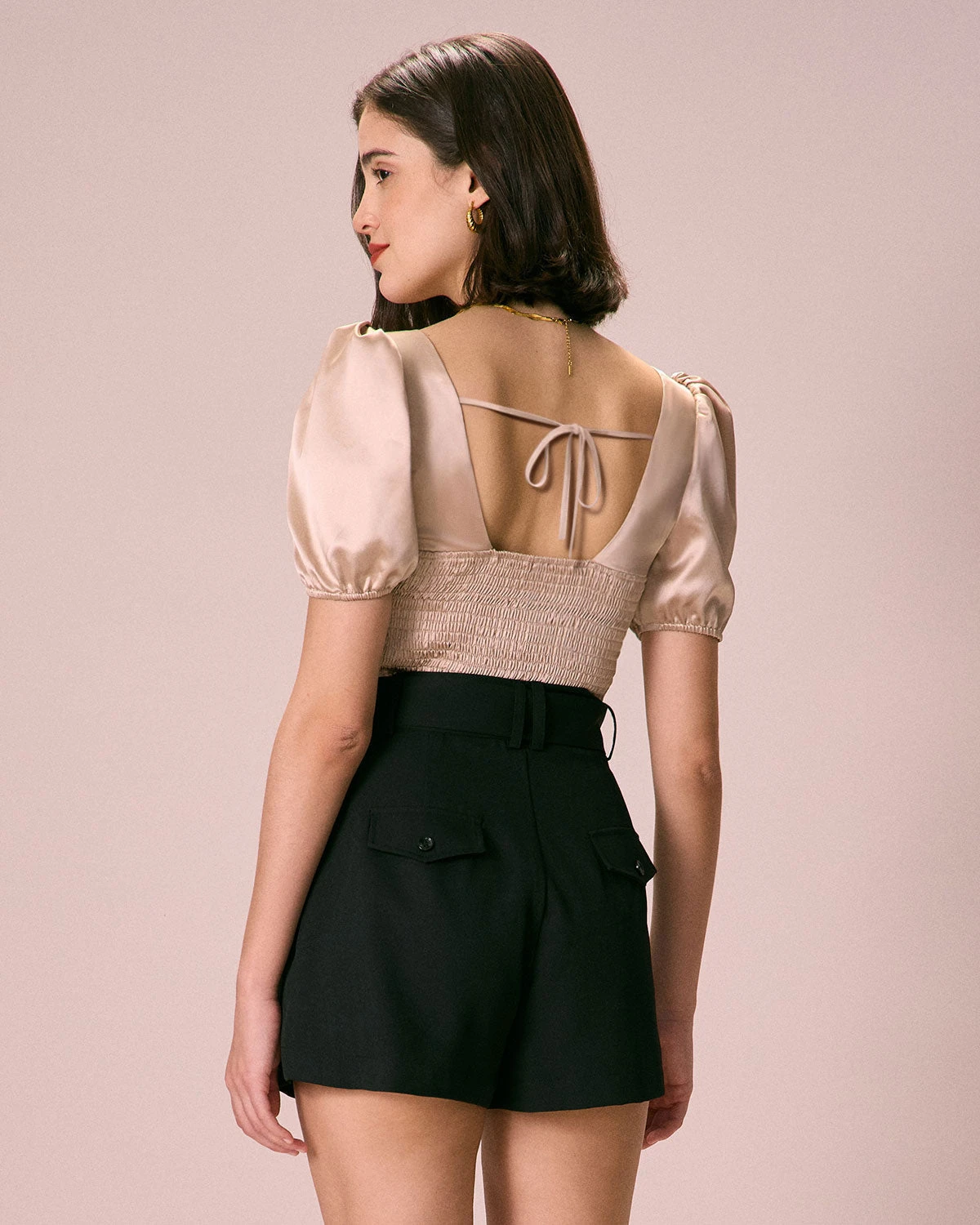 The Apricot Square Neck Ruched Puff Sleeve Satin Blouse 3 The Apricot Square Neck Ruched Puff Sleeve Satin Blouse - Image 3