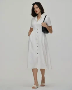 The White Lapel Short Sleeve Button-up Midi Dress -Deals Dress N Swimwear Store 0327RIHOAS 3270