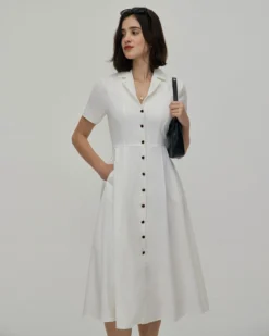 The White Lapel Short Sleeve Button-up Midi Dress -Deals Dress N Swimwear Store 0327RIHOAS 3282