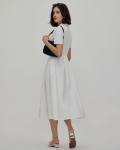 The White Lapel Short Sleeve Button-up Midi Dress -Deals Dress N Swimwear Store 0327RIHOAS 3297