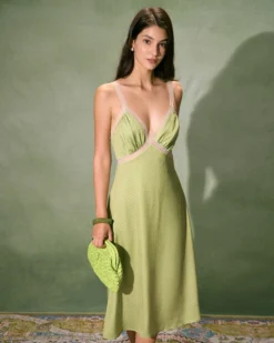 The Green V-Neck Lace Trim Satin Midi Dress -Deals Dress N Swimwear Store 0327RIHOAS 809