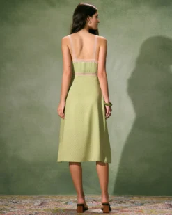 The Green V-Neck Lace Trim Satin Midi Dress -Deals Dress N Swimwear Store 0327RIHOAS 830