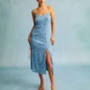 The Blue Wave Textured Pearl Strap Midi Dress