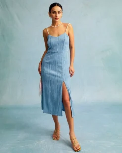 The Blue Wave Textured Pearl Strap Midi Dress