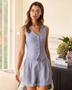 The Blue High-Waisted Pleated Shorts -Deals Dress N Swimwear Store 0421RIHOAS 1568