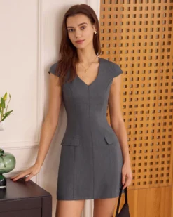 The Grey V Neck Cap Sleeve Mini Dress -Deals Dress N Swimwear Store 0421RIHOAS 283 1