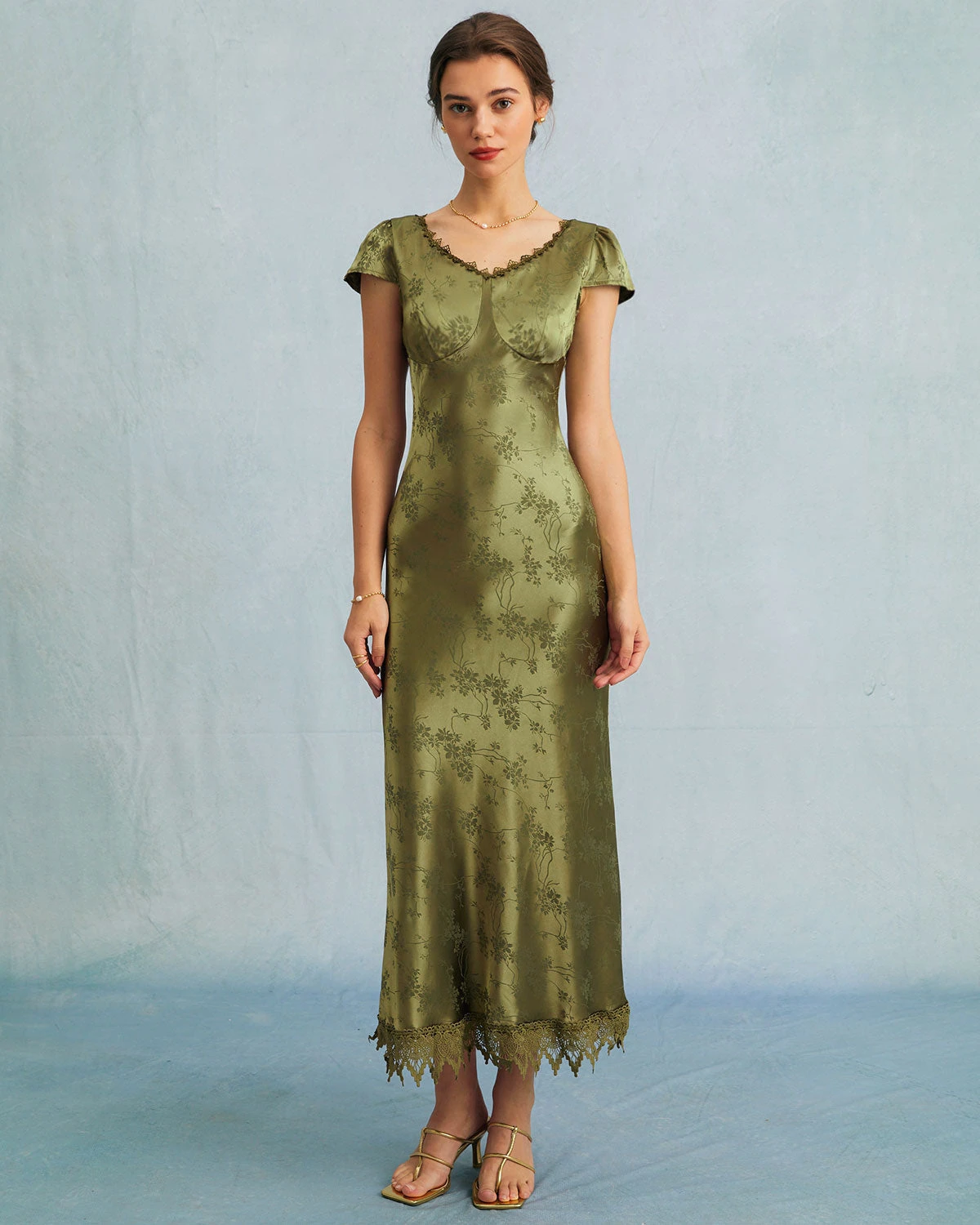 The Green Jacquard Cap Sleeve Satin Midi Dress 1 The Green Jacquard Cap Sleeve Satin Midi Dress
