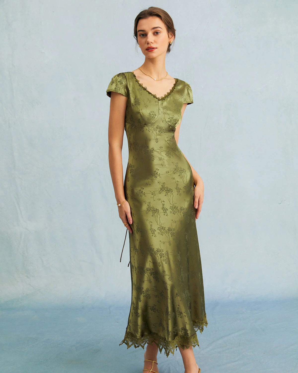 The Green Jacquard Cap Sleeve Satin Midi Dress 2 The Green Jacquard Cap Sleeve Satin Midi Dress - Image 2