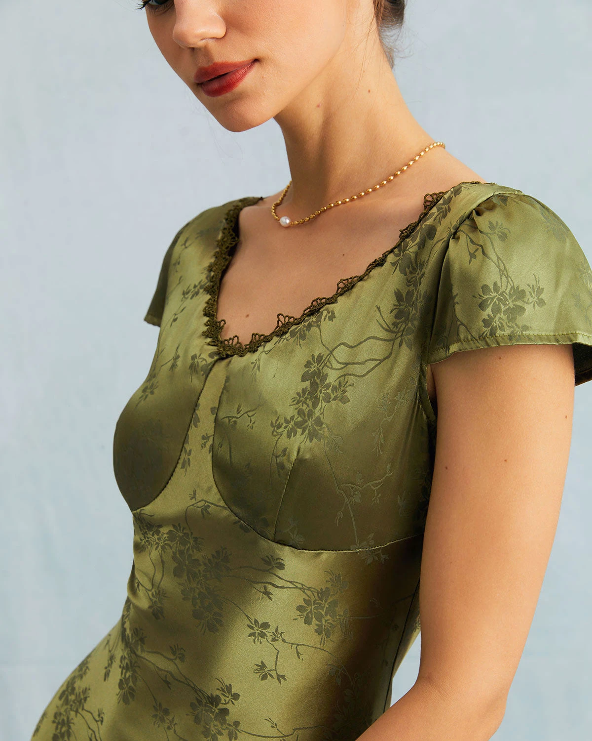 The Green Jacquard Cap Sleeve Satin Midi Dress 3 The Green Jacquard Cap Sleeve Satin Midi Dress - Image 3