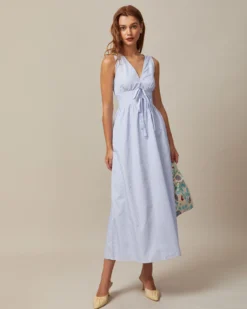 The Blue V Neck Shirred Striped Maxi Dress -Deals Dress N Swimwear Store 0613rihoas59511