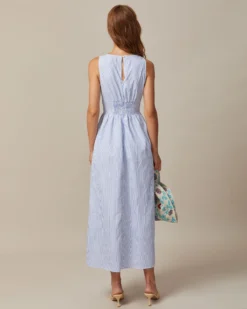 The Blue V Neck Shirred Striped Maxi Dress -Deals Dress N Swimwear Store 0613rihoas59553