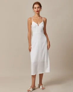 The White Deep V Neck Ruched Midi Dress