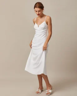The White Deep V Neck Ruched Midi Dress -Deals Dress N Swimwear Store 0613rihoas62888 437509