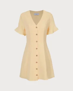 The Yellow V Neck Ruffle Button-up Mini Dress -Deals Dress N Swimwear Store 0 00f8c679 10a4 4eee bf24 f34edb67e752