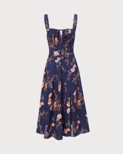 The Navy Lace Up Floral Ruched Midi Dress -Deals Dress N Swimwear Store 0 394730b1 ea59 4e16 8b0f fb717bf676a7