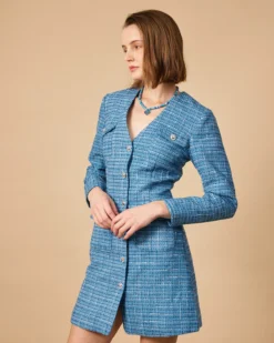 The V Neck Plaid Tweed Long Sleeve Mini Dress -Deals Dress N Swimwear Store 1001