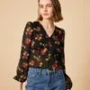 The V Neck See-through Sleeve Floral Blouse
