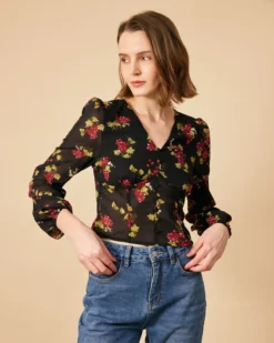 The V Neck See-through Sleeve Floral Blouse -Deals Dress N Swimwear Store 1426