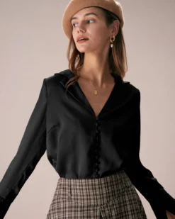 The Black Lapel Button Up Flare Sleeve Shirt -Deals Dress N Swimwear Store 17044256903387