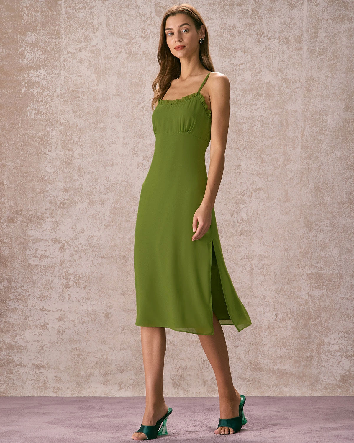 The Green Frill Trim Side Split Midi Dress 3 The Green Frill Trim Side Split Midi Dress - Image 3