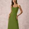 The Green Frill Trim Side Split Midi Dress