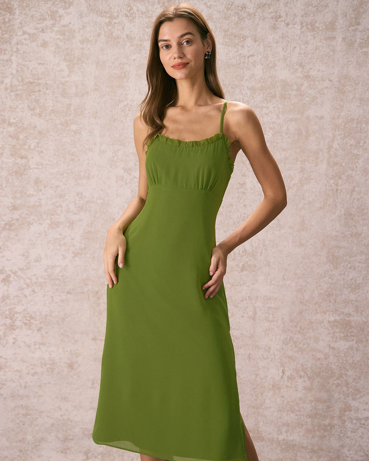 The Green Frill Trim Side Split Midi Dress 1 The Green Frill Trim Side Split Midi Dress