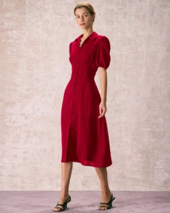 The Red Lapel Button Puff Sleeve Midi Dress 6 The Red Lapel Button Puff Sleeve Midi Dress -Deals Dress N Swimwear Store 240109 RIHOAS.1968