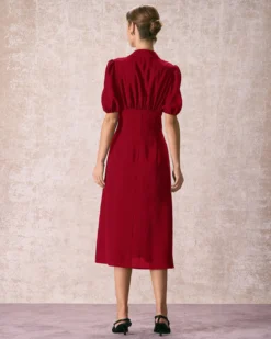 The Red Lapel Button Puff Sleeve Midi Dress 7 The Red Lapel Button Puff Sleeve Midi Dress -Deals Dress N Swimwear Store 240109 RIHOAS.2004