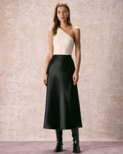 The Black Low Waisted Lace Satin Midi Skirt -Deals Dress N Swimwear Store 240109 RIHOAS.204