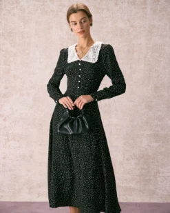The Black Lace Collar Polka Dot Maxi Dress