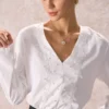The White V Neck Lace Trim Pearls Blouse