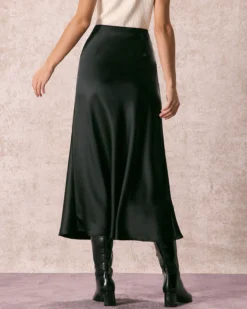 The Black Low Waisted Lace Satin Midi Skirt -Deals Dress N Swimwear Store 240109 RIHOAS.244