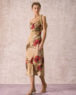 The Khaki Pearl Strap Side Slit Midi Dress -Deals Dress N Swimwear Store 240109 RIHOAS.3296