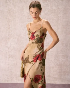 The Khaki Pearl Strap Side Slit Midi Dress -Deals Dress N Swimwear Store 240109 RIHOAS.3309