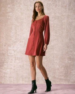 The Brick Red V Neck Button Mini Dress -Deals Dress N Swimwear Store 240109 RIHOAS.780
