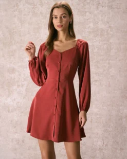 The Brick Red V Neck Button Mini Dress -Deals Dress N Swimwear Store 240109 RIHOAS.789